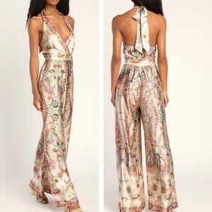 LULUS Divine Wanderings Cream Scarf Print Satin Wide Leg Jumpsuit